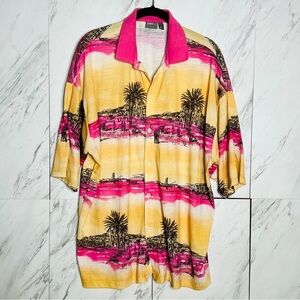 ASOS Hawaiian Sunset Palm Beach Knit Casual Button Short Sleeve Polo SZ L